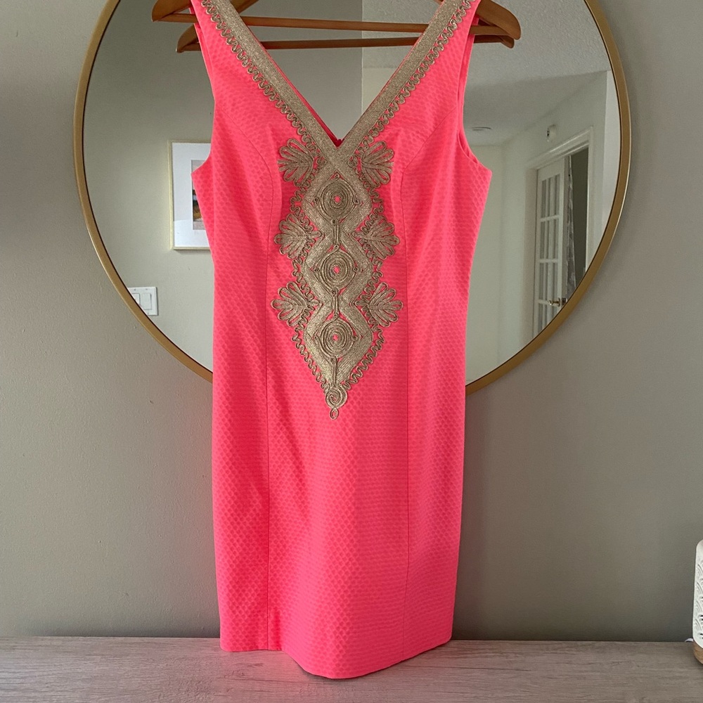Lily Pulitzer, hot pink dress with gold detailing